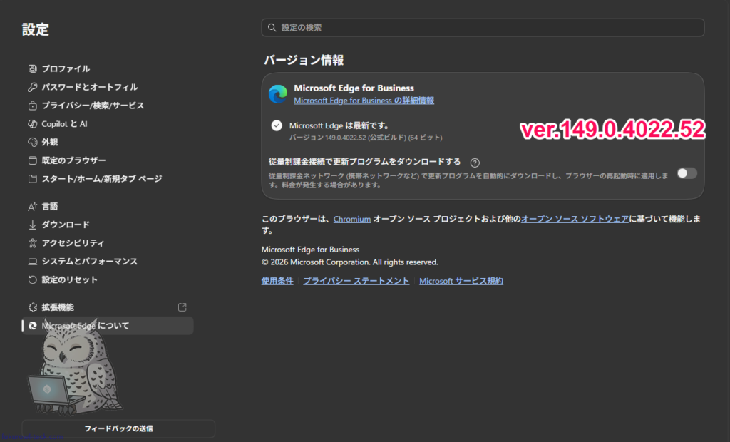 Microsoft Edge 149.0.4022.52のバージョン情報