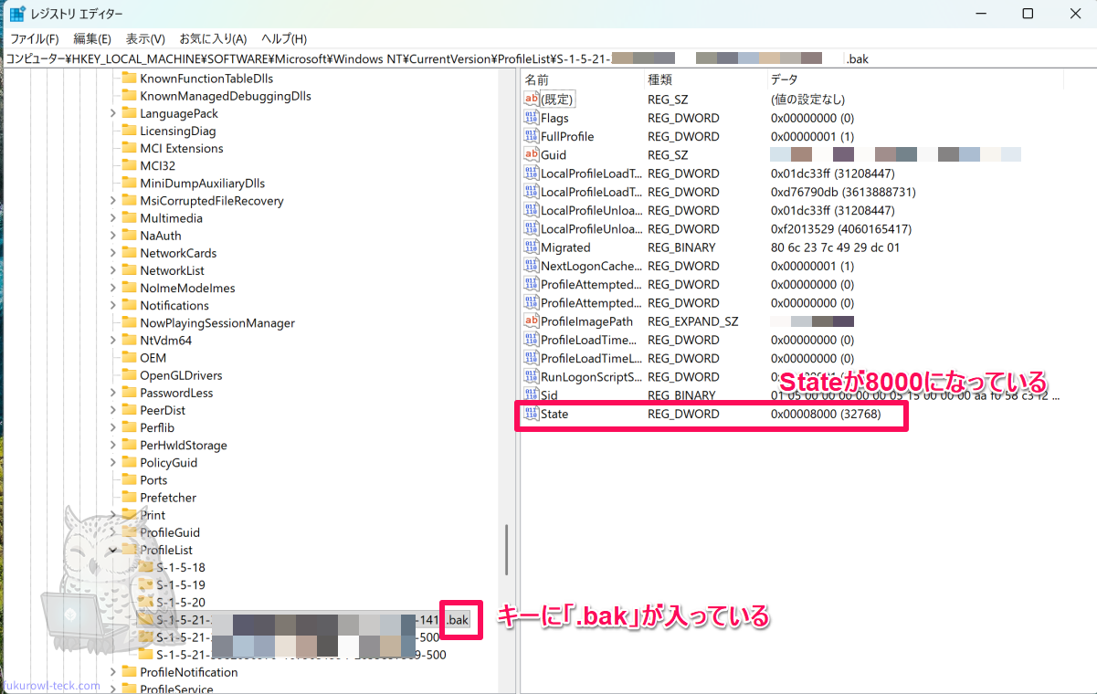 ProfileListにSID.bakが存在するレジストリ画面