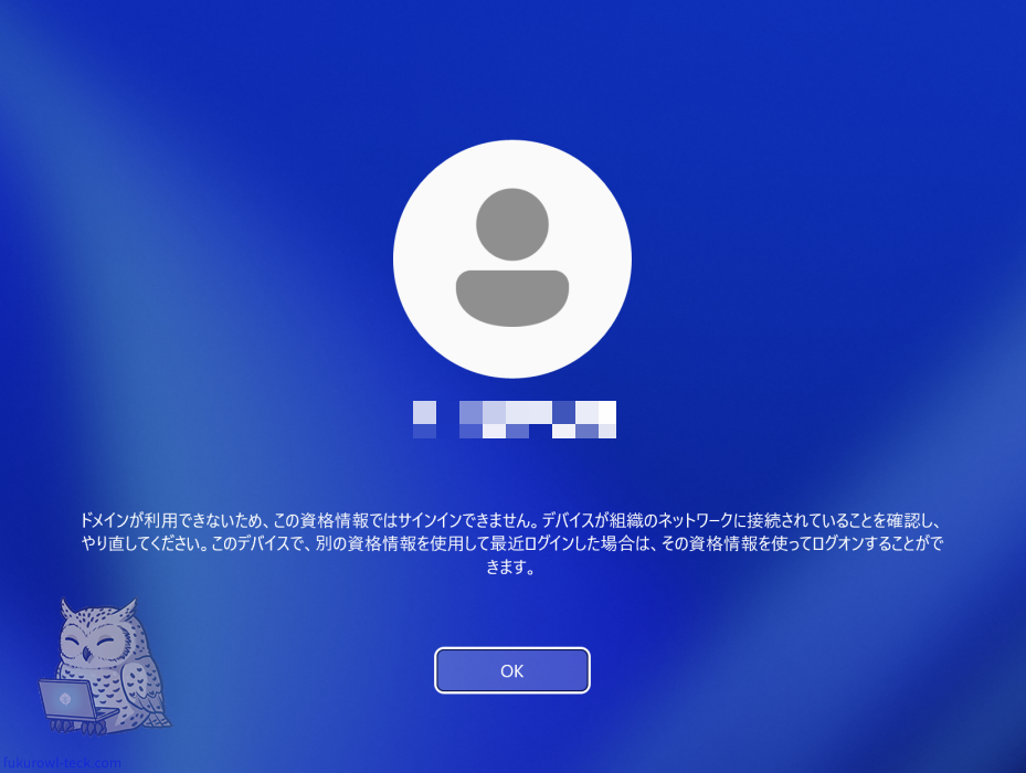 Windows 11でドメインが利用できないためサインインできない画面