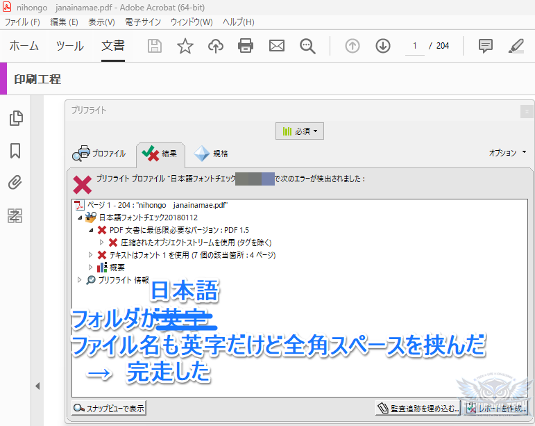 【画像：acrobat_preflight-14.png｜全角スペースを含むファイル名で完走】